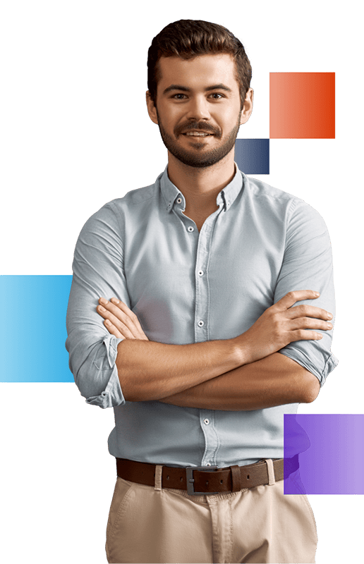 Young smiling businessman in a gray button-up shirt and khaki pants